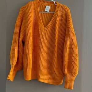 cinq a sept Oversized V-Neck Chunky Knit Sweater in Orange